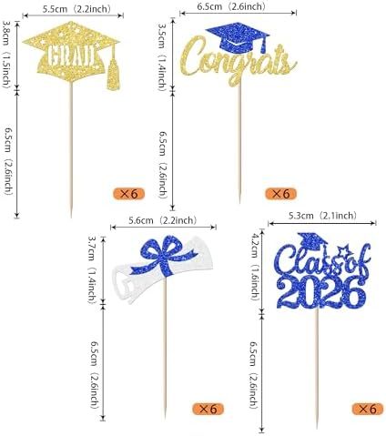 24 Pack Class of 2026 Cupcake Toppers Glitter Diploma Congrats Grad Cap Done Cupcake Picks 2026 graduation Cake Decorations for 2026 Graduation Theme Party Supplies Blue Gold