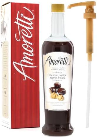 Amoretti - Premium Chestnut Praline Syrup, 94 Servings Per Bottle (750 ml), with Pump for Flavoring Coffees, Cocktails, and other Beverages, Gluten Free, GMO/GEO Free, Preservative Free