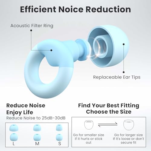 Earplugs for Sleeping,Noise Reduction Soft Silicone Ear Plugs with 7 Pairs Ear Tips&One Connection Cord,Hearing Protection Reusable Earplugs for Sleeping,Concert, Work&Sound Reduction 25dB-30db