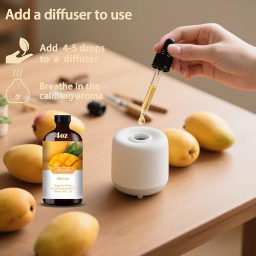 Mango Essential Oil – MLYNKL Mango Oils 4.33 fl oz for Diffusers, Humidifiers, Massage, DIY Candles, Soap, Cleaning, Home, Yoga, Office, Gifts - 130 ml