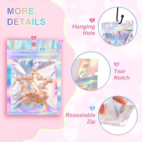 ANZNKU 100 Pack Mylar Bags Reasealable Holographic Bags, Smell Proof Bag Zipper Pouches with Clear Window, Jewelry Easter Candy Sealable Bag for Packaging Sample Party Favor (2.4 x 3.9 Inch)