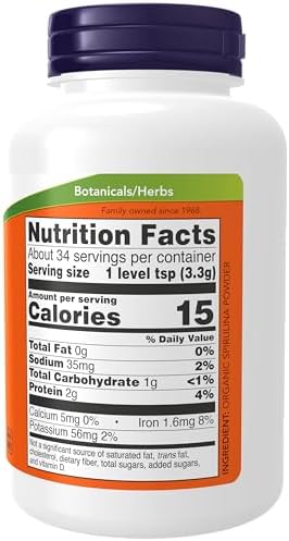 NOW Foods Supplements, Certified Organic, Spirulina Powder, Rich in Beta-Carotene (Vitamin A) and B-12 with naturally occurring GLA & Chlorophyll, 4-Ounce