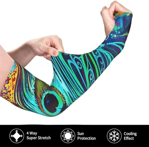 Peacock Feather Adult Ice Silk Cooling Arm Sleeves For Men Women,Breathable Elastic Arm Cover With Thumb.