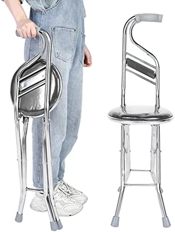Walking Cane Stool Stainless Steel Four Leg Thickening Walking Hand Stick Stool for Men Women Elderly Seniors, Folding Walking Stick with Seat Foldable Stick Cane and Stool (Black)