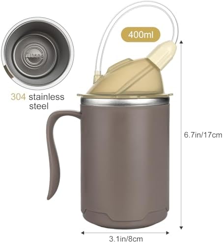 VOPHIA Senior Water Cup Sippy Cups for Elderly, 13.5oz Spill Proof Cup, 3 in 1 Stainless Steel Sippy Cup with Lids, No Spill Feeding Cups for Patient Disabled Maternity Drink Water Milk Soup (Coffee)