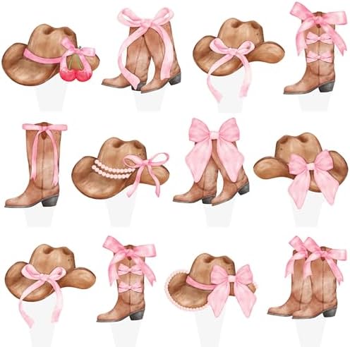 Cowgirl Boots and Hat Pink Bow Cupcake Toppers Coquette Cowgirl Cake Decorations 48PCS Boots and Hats Cupcake Picks Western Cowgirl Birthday Decorations for Girls Wild West Rodeo Party Supplies