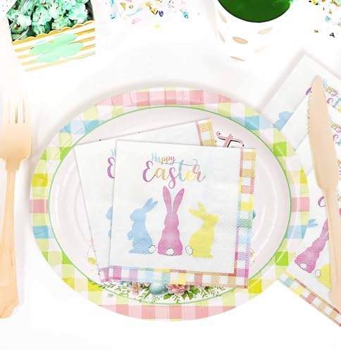 SietDESEO 50 Pieces 3-ply Easter Napkins Disposable Folded 5 x 5 Inches Gingham Cocktail Napkins Rabbit Paper Napkins for Dinner Kitchen Bathroom Easter Party Napkins