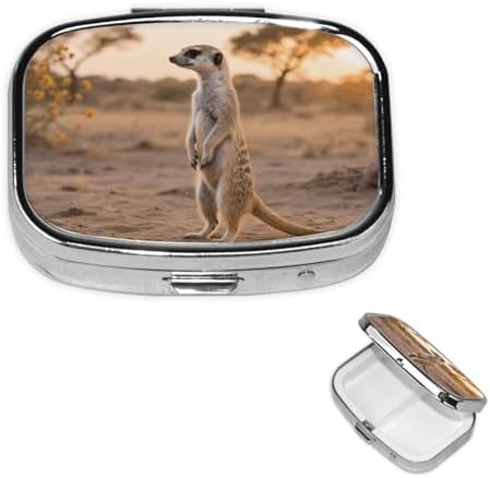 Square Round Pill Case Meerkat Animal Pill Box Daily 2 Compartment Travel Pill Container for Pocket Purse Portable Medicine Cod Liver Oil Storage Box 2 Times a Day Pill Organizer