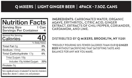 Q LIGHT GINGER BEER with Real Ginger & Organic Agave - Ideal for Cocktails & Mocktails - Made with Real Ingredients, Perfectly Carbonated, & Less Sweet - 40 Calories per Can - 7.5 Fl oz (Pack of 24)