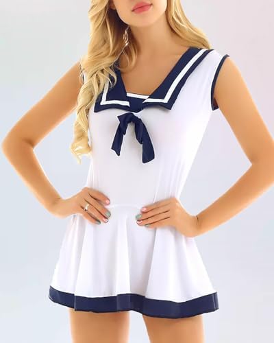 Sexy Sailor Outfit for Women Lingerie Costume Cosplay One Piece Navy Collar Dress Cute Anime Japanese Schoolgirl Roleplay Babydoll Suit JK Uniform Pleated Skirt for Party