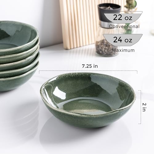 AmorArc Ceramic Cereal Bowls Set of 6, 24 oz Handmade Stoneware Bowls for Cereal Soup Salad Bread, Stylish Kitchen Bowls for Meal, Dishwasher & Microwave Safe-Jade Green