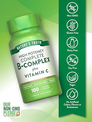 Nature's Truth Vitamin B Complex Plus Vitamin C | 100 Caplets | Vegan, Non-GMO & Gluten Free Supplement