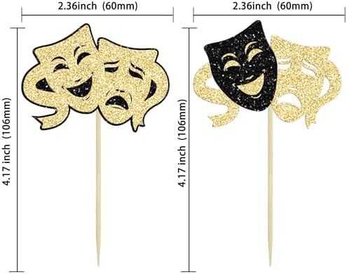 Ephlyn 24Pcs Theatrical Mask Cupcake Toppers Glitter Comedy Movie Cake Topper Decorations for Film Festival Theme Birthday Party Cake Decorations Supplies Black Gold