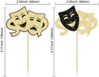Ephlyn 24Pcs Theatrical Mask Cupcake Toppers Glitter Comedy Movie Cake Topper Decorations for Film Festival Theme Birthday Party Cake Decorations Supplies Black Gold