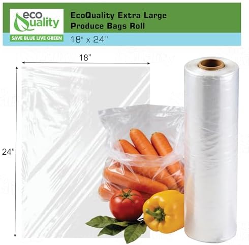 EcoQuality 18" x 24" Plastic Produce Bags on a Roll 250 Bags/Roll - Food Storage Bags, Clear Plastic Bags for Vegetables, Food, Fruits, Bread, Pet Waste, Grocery, Supermarket Bags (1)