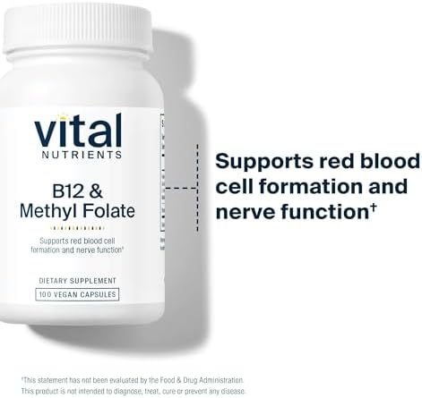 Vital Nutrients Vitamin B12 & Methyl Folate - Vegan Methylated Folate & B12 Supplement - 5-MTHF Plus B12 Supports Nervous System & Metabolism* - Gluten, Dairy, Soy Free - 100 Capsules