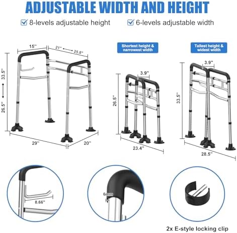 Toilet Safety Rails, Stainless Steel Adjustable Toilet Frame with Soft Handles&Tissue Holder, 380LBS Foldable Detachable Toilet Safety Frame for Elderly, Seniors, Handicap & Disabled