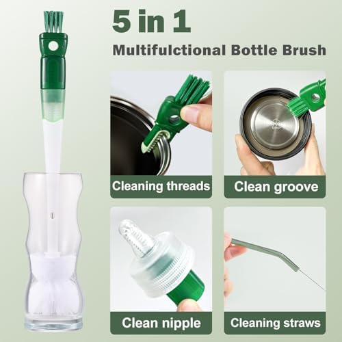 XYFuuee 5 Pack Bottle Brush Set, 5 in 1 Water Bottle Cleaning Brush, Long Handle Narrow Wine Cup Cleaner, 3 Straw Brushes for Stanley, Travel Nipple Lid Gap Detail Washer Brush
