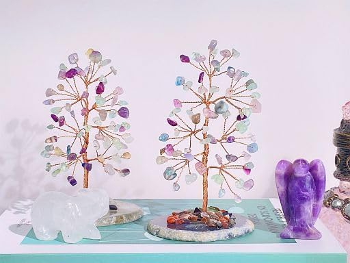 YATOJUZI Rainbow Fluorite Crystal Trees Natural Crystals Stones Gemstones Tree Copper Wire Agate Base Tree of Life Feng Shui Decor Reiki Energy Lucky for Room Desk Home Decors Gifts for Women Men