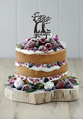 Mr & Mrs Wedding Cake Topper - Groom & Bride Kissing Under the Tree - Cake Topper with Dog for Bridal Shower/Engagement Party Decorations