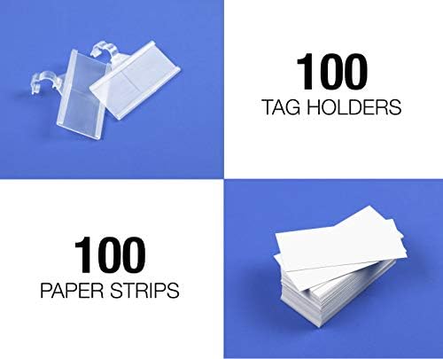 Pack of 100 - Plastic Wire Shelf Label Holder, Sign and Ticket Holder, Easy Clip Design with Tight Snap Lock Closure. Height, 1-1/4" X Width, 3" | "100 Label Inserts Included"
