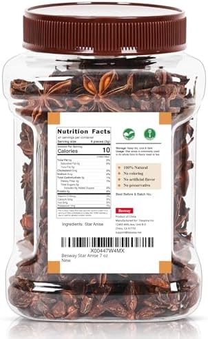 Besway Chinese Star Anise 7 oz, Whole Star Anise, Fresh, Pure and Dried Anise Pods, Great for Cooking, Baking and Tea (200g)
