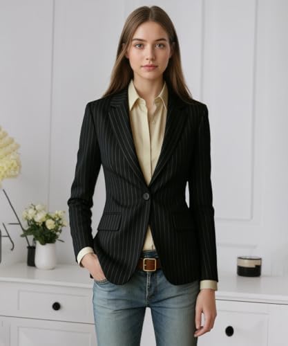 Womens Pinstripe Blazer Casual Business Suit Jacket One Button Stripes Work Office Blazer for Women Spring