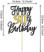 1 PCS Happy 90th Birthday Cake Topper Black Gold Glitter Cheers to 90 Years Birthday Cake Pick 90 Fabulous Cake Decoration for Happy 90th Birthday Anniversary Party Decorations Supplies