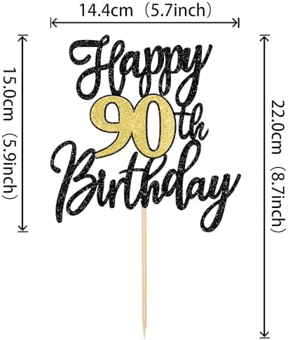 1 PCS Happy 90th Birthday Cake Topper Black Gold Glitter Cheers to 90 Years Birthday Cake Pick 90 Fabulous Cake Decoration for Happy 90th Birthday Anniversary Party Decorations Supplies