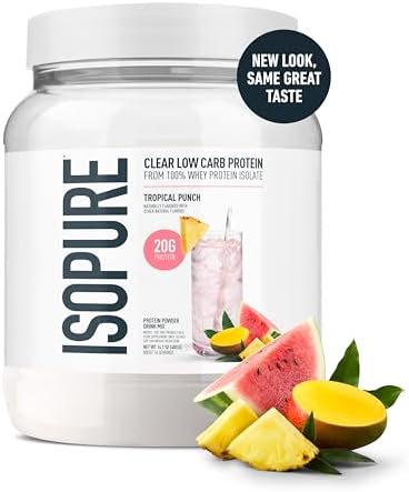 Isopure Clear Whey Isolate Protein Powder, Lactose Free, Gluten Free, Naturally Flavored, Tropical Punch, 20g Protein Per Serving, 14.1 Oz, 16 Servings (Packaging May Vary)