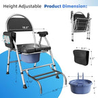 Folding Bedside Commode Chair for Elderly with Adjustable Height, Toilet Seat with Footrest and Soft PU Seat Cushion, Adults Potty Chair with Storage Cloth Bag for Seniors, Disabled (Black)