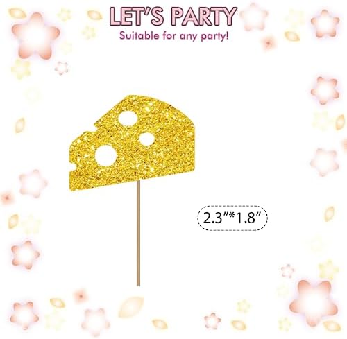 Set of 24 Cheese Cupcake Toppers for First Birthday, Gold Glitter Cheese Sign Cupcake Toppers, Cake Decorations for Baby Shower/Sweet Cheese Theme Birthday Supplies