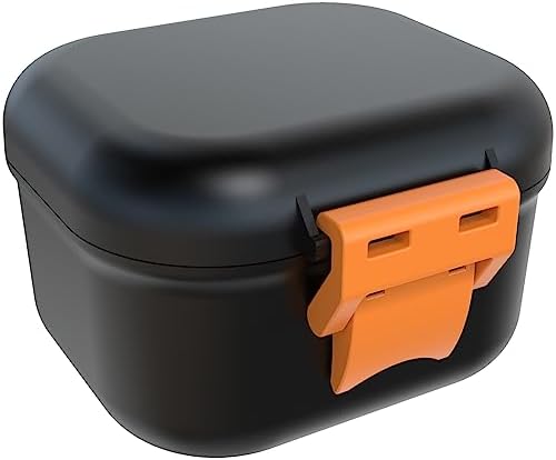 ARGOMAX Leak Proof Denture Bath Cup, Portable Soaking Denture Box, Denture Bath Case with Strainer, for Dentures and Braces (Black + Orange).