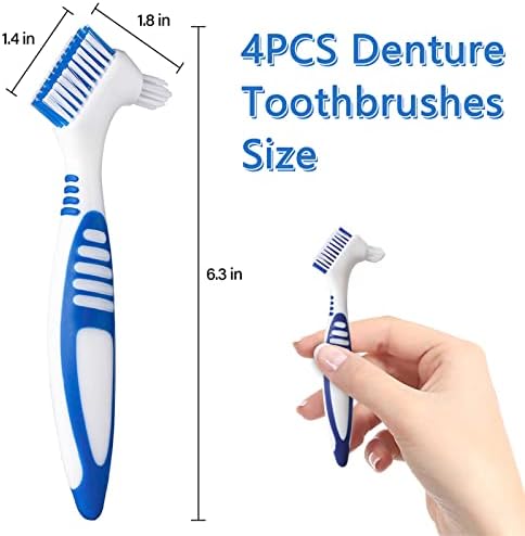 Denture Brush, 4 Pieces Small Toothbrush for Dentures, Multi-Layered Bristles Ergonomic Rubber Handle for False Teeth Cleaning