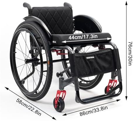 Sports Leisure Wheelchair,Self Propelled Manual Wheelchairs,Aluminum Alloy Wheelchair with Handbrakes and Quick Release Rear Wheels,Lightweight Wheelchair(Seat Width 44cm/17.3 inches,A)