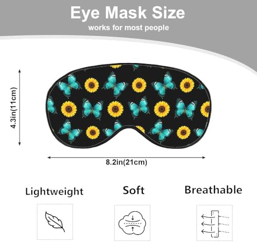 Silk Sunflower Butterfly Sleep Eye Mask, Blue, Adjustable Buckle, Soft Eye Shade Cover for Men Women Kids Travel