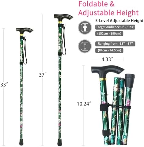 Folding Cane, 5-Level Adjustable Height Lightweight Portable Foldable Walking Canes with Wrist Strap and T Handle for Men Women Seniors