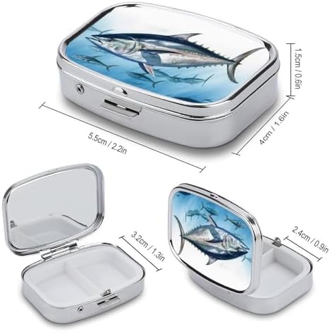 Bluefin Tuna Pill Box with 2 Compartments and Mirror Portable Pocket Pill Case Metal Travel Medicine Organizer Purse Medicine Holder for Vitamin Supplement Fish Oil