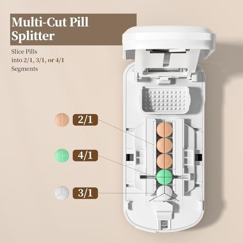 Daviky Pill Cutter Splitter for Small & Tiny Pills, Dual Safety Blades, Adjustable Centering Slot, Precise 1/2 1/3 1/4 Tablet Cutter, Built-in Storage, Portable & Senior-Friendly