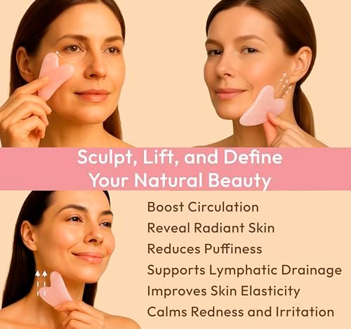 Rose Quartz Gua Sha Facial Tool Heart-Shaped Crystal for Puffiness, Lymphatic Drainage & Facial Sculpting – Hand-Carved Brazilian Stone for Face, Neck & Body