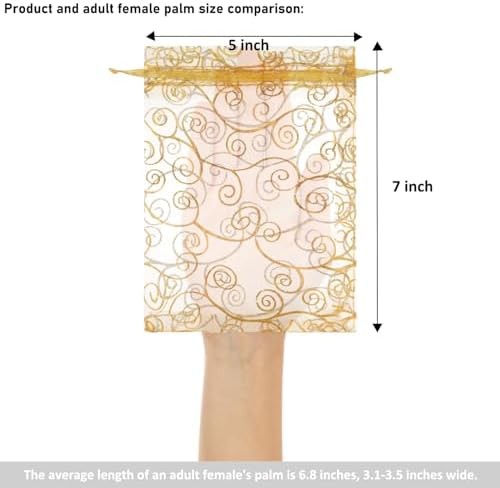Staruby Organza Gift Bags 100Pcs Gold Sheer Organza Bag 5x7 Inch Mesh Favor Bags Drawstring Jewelry Rattan Printed Gift Pouches for Wedding Party Favors Couple Shower Christmas Gifts Candy Bags