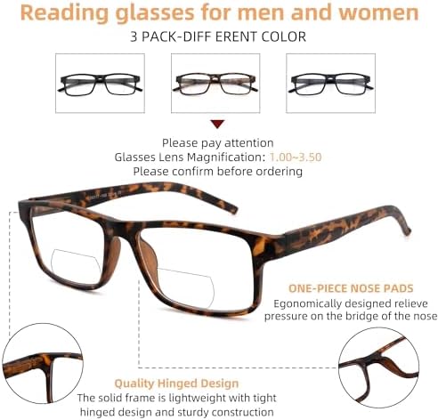 HIYANJN 3 Pack Progressive/Bifocal Reading Glasses for Men Blue Light Multifocal Readers With Rectangular Frame Lightweight