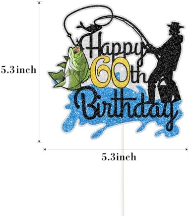 Fishing Happy 60th Birthday Cake Topper - Man Fisherman Theme Cake Decor - Fisherman 60 Years Old Party Decorations - Gone Fishing Themed 60th Birthday Party Supplies
