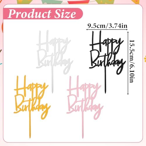 Nogeqi 4PCS Acrylic Happy Birthday Cake Topper, Happy Birthday Cake Decorations Sign for Party Desserts Decoration Ideas (Gold, Silver, Black, Rose Gold)