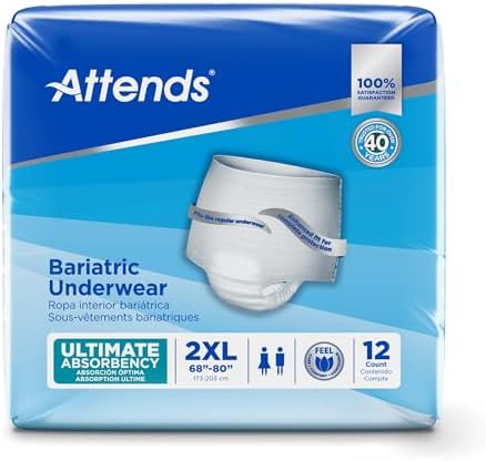Attends Bariatric Adult Incontinence Underwear, 2X-Large (68–80”), [12 Count] – Overnight Absorbency for Men and Women, Disposable Pull-On Diapers with Tear-Away Sides, AU50