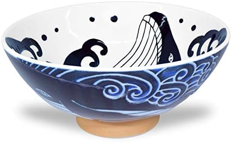 Mino Ware Japanese Rice Bowl, Rice Ramen Noodle Soup Sarada Pasta, Wave Whale Chawn, 5.7 inch 17.5oz Set of 2