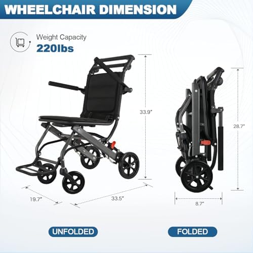 Ultra-Light Transport Wheelchair (only 15lb), Folding Portable Wheelchair with Hand Brake, Trolleys for Elderly Aircraft Travel, Wheelchairs for Adults (with Bag) (with Telescopic Handle)