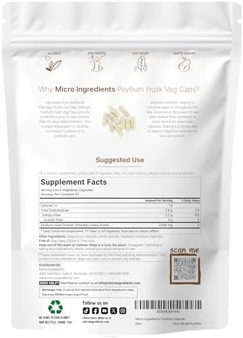Micro Ingredients Psyllium Husk Capsules 3000mg, 500 Veg Caps | Soluble Fiber Supplement for Women & Men | Natural Prebiotics & Probiotics Fiber Supplements for Gut & Digestive Health | Non-GMO