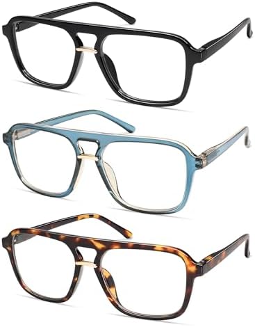 AMOMOMA 3 Pack Trendy Aviator Reading Glasses for Women Men Stylish Square Blue Light Blocking Readers AM6164