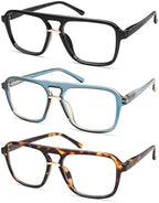 AMOMOMA 3 Pack Trendy Aviator Reading Glasses for Women Men Stylish Square Blue Light Blocking Readers AM6164